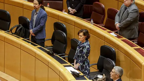 El vicepresidente segundo del Gobierno y ministro de Derechos Sociales y Agenda 2030, Pablo Iglesias; la vicepresidenta primera del Gobierno, Carmen Calvo; y el ministro del Interior, Fernando Grande-Marlaska.