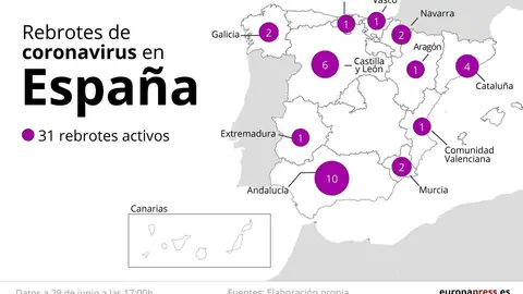 Rebrotes de coronavirus en Espa&ntilde;a a 29 de junio