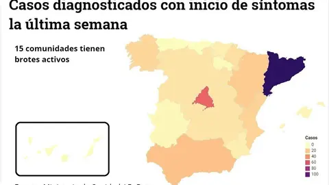 Mapa de los rebrotes: La aparici&oacute;n del brote en Madrid sit&uacute;a ya a 15 Comunidades Aut&oacute;nomas con focos activos.