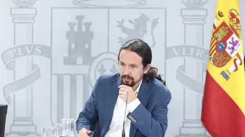 El vicepresidente y ministro de Derechos Sociales y Agenda 2030, Pablo Iglesias, durante su intervenci&oacute;n en la rueda de prensa posterior al Consejo de Ministros en Moncloa, en Madrid (Espa&ntilde;a), a 7 de julio de 2020.