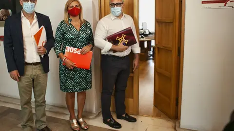 Los portavoces parlamentarios del PRC, Pedro Hernando; PSOE, Noelia Cobo; y Cs, F&eacute;lix &Aacute;lvarez, en el registro de enmiendas a la ley LGTBI