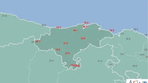 Mapa de  temperaturas m&aacute;ximas en Cantabria