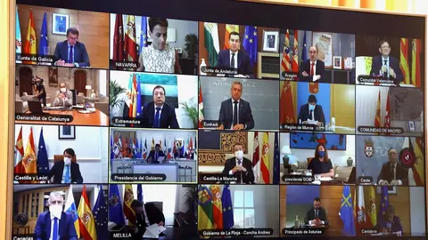 El presidente Pedro S&aacute;nchez y los presidentes auton&oacute;micos, en pantalla, durante la reuni&oacute;n telem&aacute;tica de la Conferencia de Presidentes.