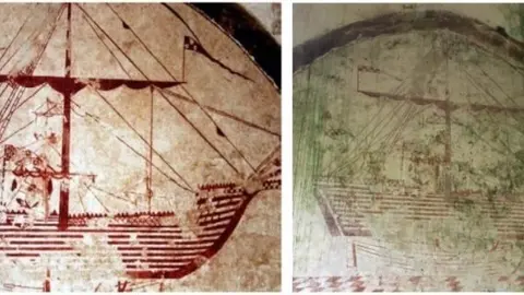 Uno de los barcos de las excepcionales pinturas murales del lazareto de Aba&ntilde;o, en 2015 y en la actualidad