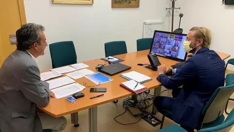 El consejro de Transporte, Francisco Martin, y el director general de Transporte, Felipe Pi&ntilde;a, en la videoconferencia con &Aacute;balos