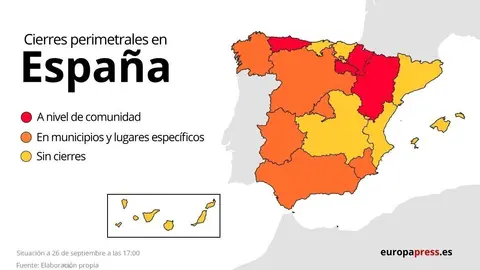 Mapa con cierres perimetrales en Espa&ntilde;a para contener el coronavirus a 17:00.