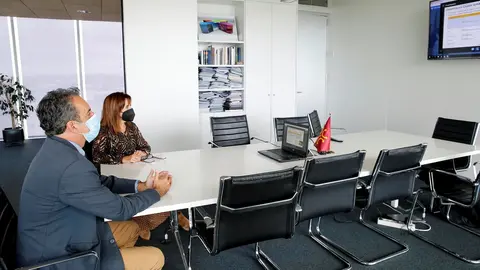 Los consejeros de Industria, Francisco Mart&iacute;n, y de Empleo, Ana Bel&eacute;n &Aacute;lvarez, en la videoconferencia con Nissan