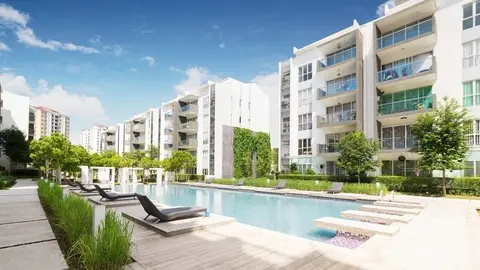 Modern residential buildings with outdoor facilities, Facade of new low-energy houses .