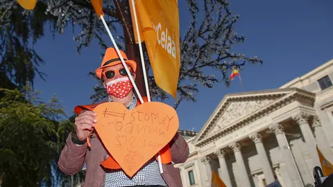 Un hombre sostiene una pancarta en una manifestaci&oacute;n contra la Ley Cela&aacute; en el Congreso, el d&iacute;a de su aprobaci&oacute;n, en Madrid (Espa&ntilde;a), a 19 de noviembre de 2020. En esta manifestaci&oacute;n han participado colectivos de la educaci&oacute;n concertada y ha sido convocad