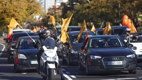 Varias personas muestran a trav&eacute;s de sus coches banderas y globos de color naranja durante una manifestaci&oacute;n de veh&iacute;culos en apoyo a la educaci&oacute;n concertada y contra la Ley Cela&aacute;, en Madrid, el pasado 22 de noviembre