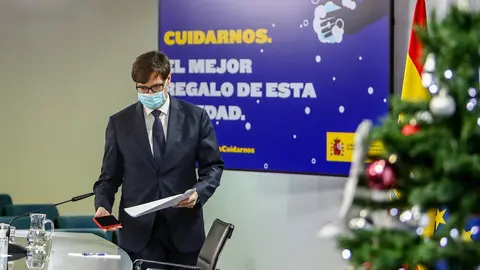 El ministro de Sanidad, Salvador Illa, ofrece una rueda de prensa desde la Secretar&iacute;a de Estado de Comunicaci&oacute;n, en Madrid (Espa&ntilde;a), a 18 de 2020. 