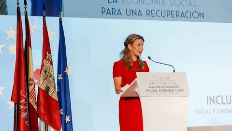 La ministra de Trabajo y Econom&iacute;a Social, Yolanda D&iacute;az, preside la reuni&oacute;n europea de Alto Nivel de la Econom&iacute;a Social y Solidaria: 'La Econom&iacute;a Social para una Recuperaci&oacute;n Inclusiva, Sostenible y Justa', en el Palacio de Congresos de Toledo, Castilla La