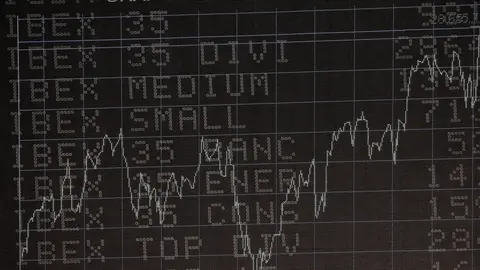 Pantalla del Ibex 35 con el gr&aacute;fico hist&oacute;rico de la cotizaci&oacute;n del Ibex en la sede de la Bolsa de Madrid, el Palacio de la Bolsa de Madrid, en Madrid (Espa&ntilde;a) a 10 de febrero de 2020.
