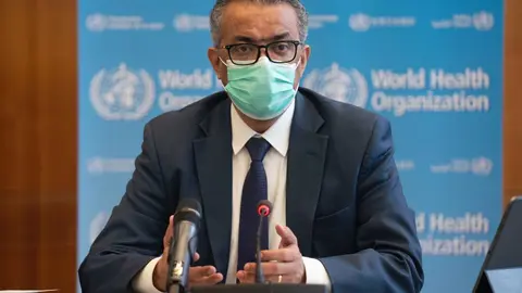 El director general de la Organizaci&oacute;n Mundial de la Salud (OMS), Tedros Adhanom Ghebreyesus, durante la reuni&oacute;n del Comit&eacute; de Emergencias de la OMS. En Ginebra (Suiza), a 14 de enero de 2021.