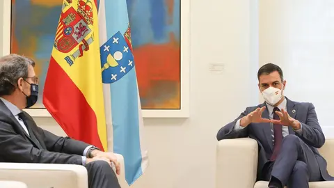 El presidente del Gobierno, Pedro S&aacute;nchez (d), conversa con el presidente de la Xunta de Galicia, Alberto N&uacute;&ntilde;ez Feij&oacute;o, en una reuni&oacute;n convocada en el Palacio de la Moncloa, Madrid, (Espa&ntilde;a), a 29 de enero de 2021. El encuentro se produce dentro de la ron
