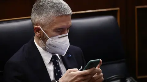 El ministro de Interior, Fernando Grande-Marlaska, observa el m&oacute;vil durante una sesi&oacute;n plenaria en el Congreso