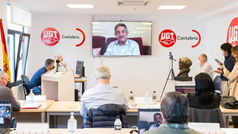 El presidente de Cantabria, Miguel &Aacute;ngel Revilla, interviene por videoconferencia en la apertura del XIV Congreso Regional de UGT Cantabria