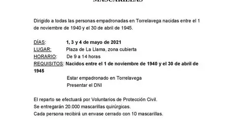 Aviso del reparto de mascarillas en Torrelavega