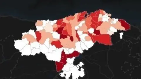 Mapa de los municipios c&aacute;ntabros, por colores seg&uacute;n su incidencia por Covid