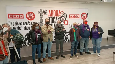 El secretario general de CCOO, Unai Sordo, y el de UGT, Pepe &Aacute;lvarez, al comienzo de la rueda de prensa por el 1 de Mayo.
