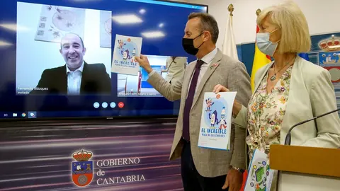 Los consejeros de Medio Ambiente, Guillermo Blanco, y de Educaci&oacute;n, Marina Lomb&oacute;, presentan junto al gerente de la zona norte de Ecoembes, Fernando Bl&aacute;zquez, los datos del reciclaje en Cantabria en 2020