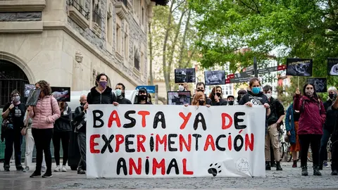 Varias personas sujetan una pancarta en la que se lee: "Basta ya de experimentaci&oacute;n animal" en una manifestaci&oacute;n por la liberaci&oacute;n de los animales de Laboratorios Vivotecnia, en una imagen de archivo