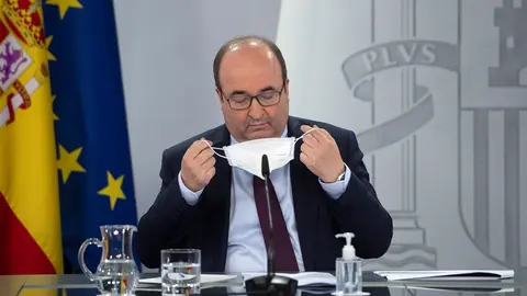 El ministro de Pol&iacute;tica Territorial y Funci&oacute;n P&uacute;blica, Miquel Iceta en una rueda de prensa para presentar el componente 11 del Plan de Recuperaci&oacute;n, Transformaci&oacute;n y Resiliencia enviado a la Comisi&oacute;n Europea, a 17 de mayo de 2021, en Madrid (Espa&ntilde;a).  El 