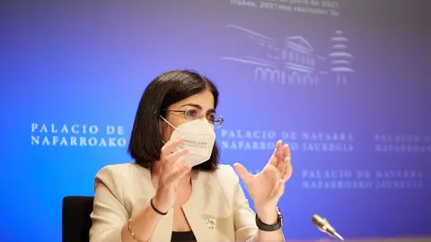 La ministra de Sanidad, Carolina Darias, comparece en rueda de prensa, tras presidir desde Pamplona el pleno telem&aacute;tico del Consejo Interterritorial del Sistema Nacional de Salud, en el Palacio de Navarra, a 2 de junio de 2021, en Pamplona, Navarra (Espa&ntilde;