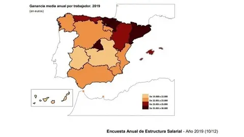 Mapa elaborado por el INE sobre el salario medio por trabajador en 2019