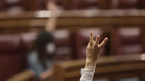 Un miembro del hemiciclo vota durante una sesi&oacute;n plenaria en el Congreso 