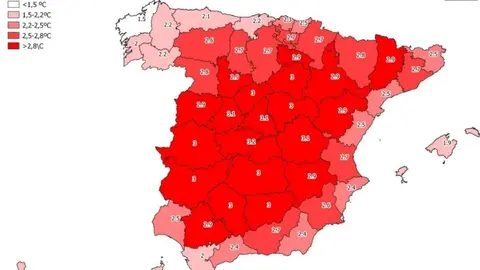 Mapa de Espa&ntilde;a con la previsi&oacute;n de subida de temperaturas en 2050.