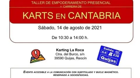 Cartel del taller de empoderamiento personal con karts.