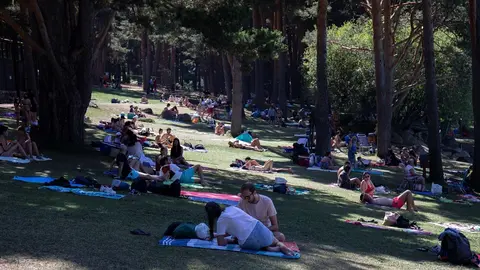 Varias personas disfrutan de un d&iacute;a de ocio en las piscinas de Las Berceas, a 21 de agosto de 2021, en Cercedilla, Madrid, (Espa&ntilde;a).