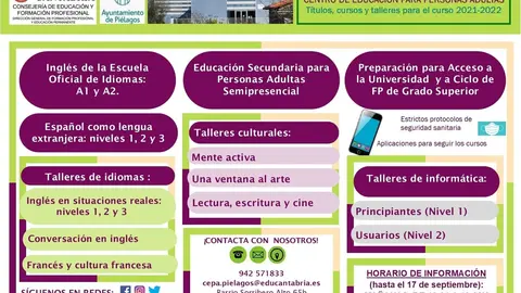 Oferta del CEPA de Pi&eacute;lagos para el curso 2021-2022