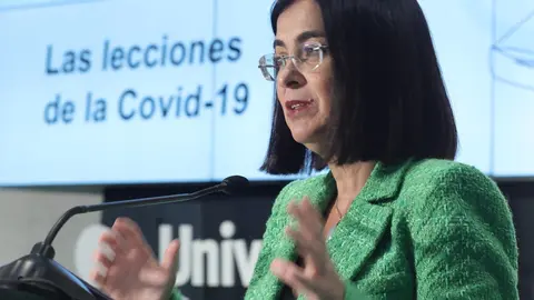 La ministra de Sanidad, Carolina Darias, interviene en la apertura del II Simposio del Observatorio de la Sanidad 'Las Lecciones de la Covid-19', a 13 de septiembre de 2021, en el auditorio de la Universidad Camilo Jos&eacute; Cela, Madrid, (Espa&ntilde;a). Organizado 