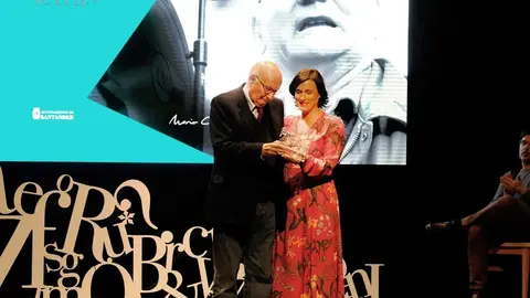 Archivo - La alcaldesa de Santander, Gema Igual, entrega hace a&ntilde;os un premio al cineasta Mario Camus en la Gala de las  Letras de la ciudad