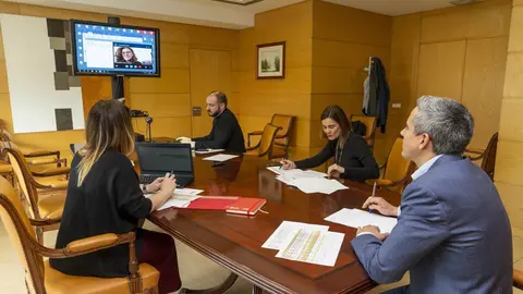 Vicepresidente, Pablo Zuloaga, y consejera de presidencia, Paula Fern&aacute;ndez, se re&uacute;nen con la delegaci&oacute;n de gobierno para la situaci&oacute;n de los c&aacute;ntabros en el extranjero. 23 MARZO 2020 &copy; Miguel De la Parra