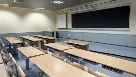 MADRID, SPAIN - SEPTEMBER 07: Illustration, an empty classroom at Faculty of Science building during the first opening day of the Autonomous University of Madrid for the start of the 2020/21 course on September 07, 2020 in Madrid, Spain.