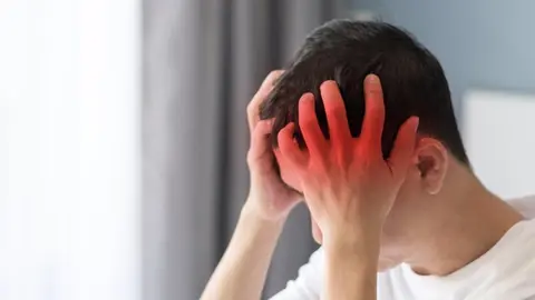 Brain diseases problem cause chronic severe headache migraine. Male adult look tired and stressed out depressed, having mental problem trouble, medical concept