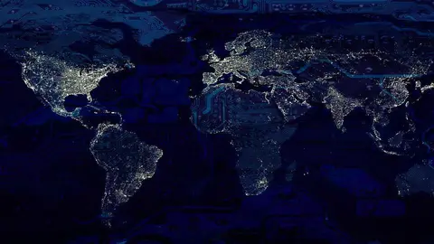 World map city lights and dark motherboard hi technology conceptual collage. Elements of this image furnished by NASA.