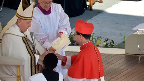 VATICAN CITY, VATICAN - SEPTEMBER 30: Pope Francis appoints as new cardinal Archbishop of Madrid, José Cobo Cano during the Ordinary Public Consistory for the Creation of new Cardinal at St. Peter's Square on September 30, 2023 in Vatican City, Vatican. Pope Francis holds a consistory for the creation of 21 new cardinals, the consistory falls before the start of the Synod on Synodality, set to take place in October.
